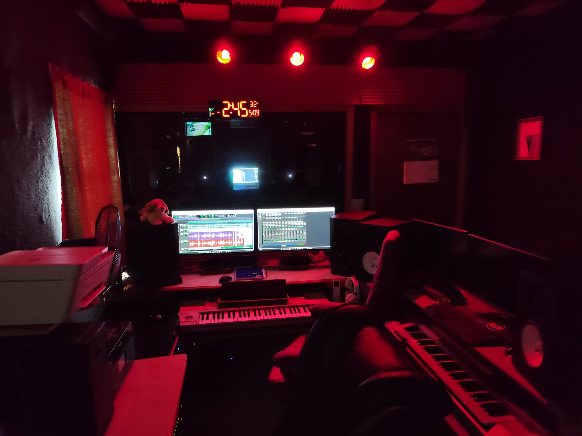 Farm Recording Studio control room red lights late night session