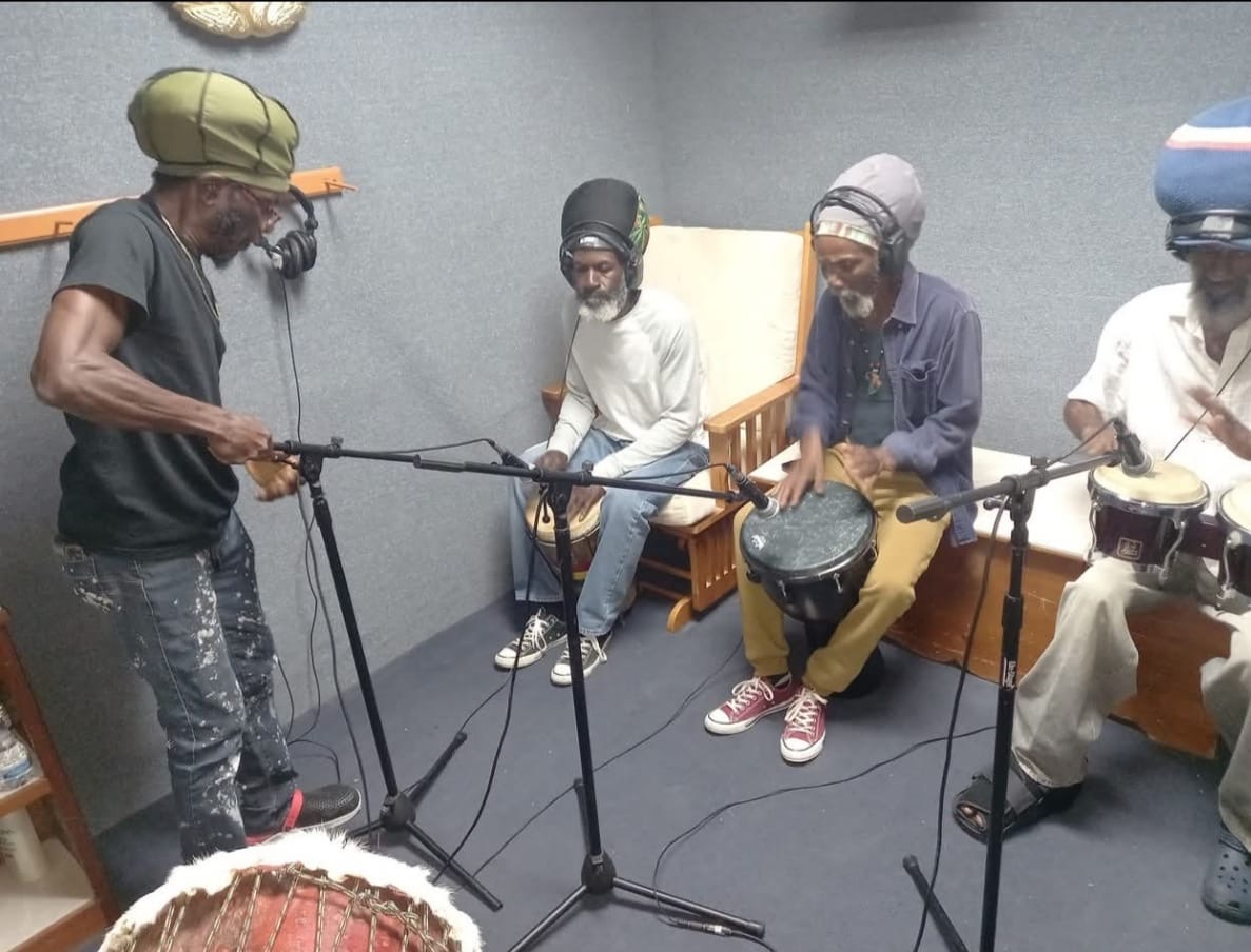 Reggae drum recording session at Farm Recording Studio vocal booth Anguilla