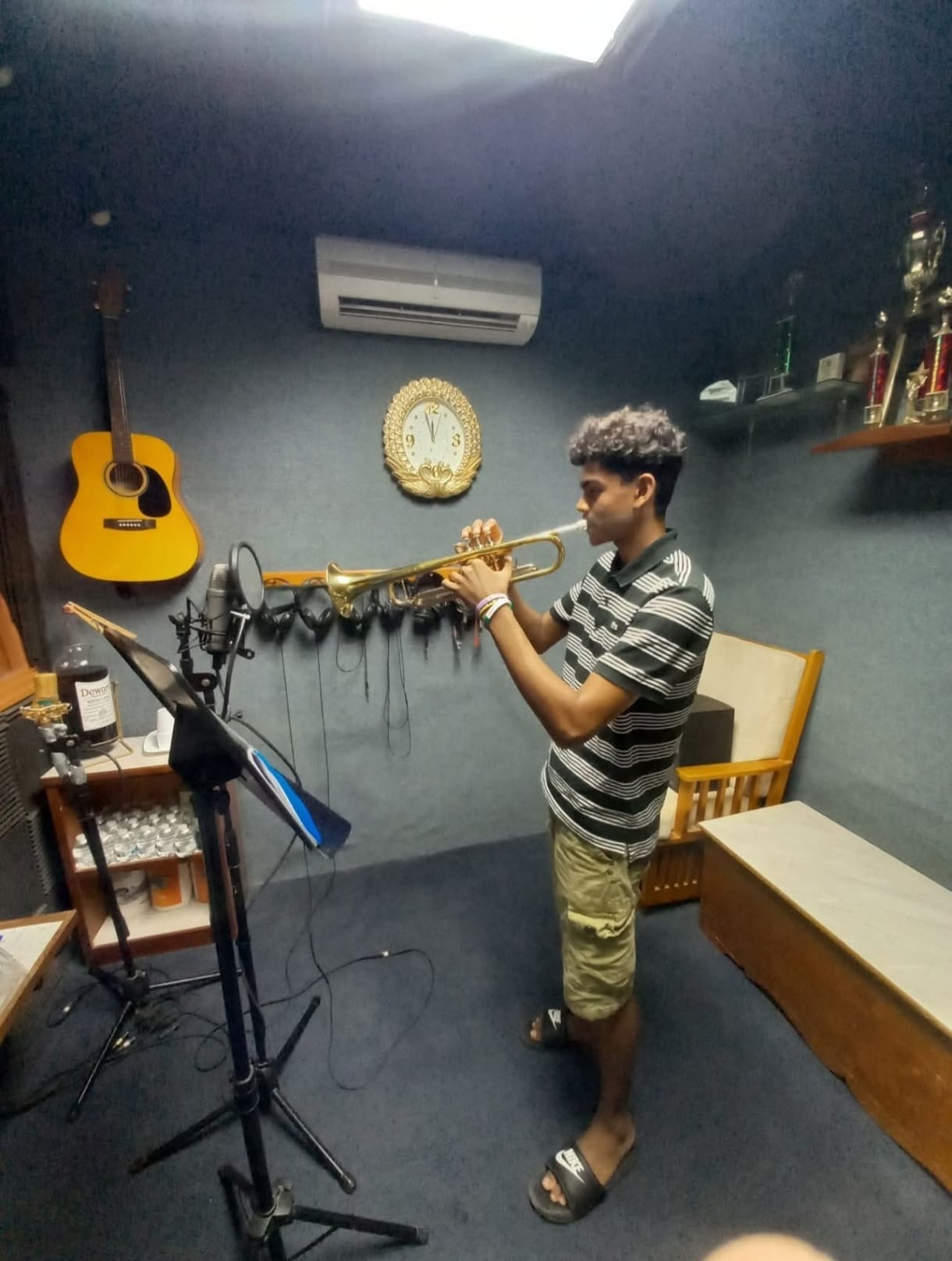 Trumpet recording session at Farm Recording Studio vocal booth Anguilla